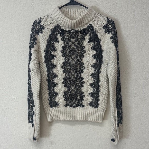 Zara Sweaters - ZARA womans Cream Cable Knit Sweater with Black Lace Appliqué size S